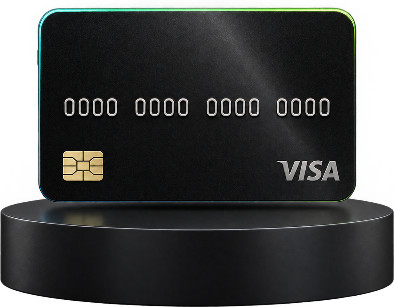 The Byxbit Visa card, black with a glowing edge, standing on a pedestal